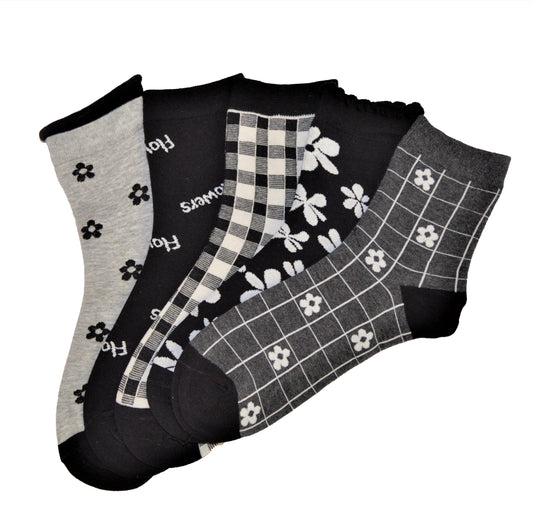 6 pari ženskih poluvisokih čarapa, crne i sive cvjetiće 5645